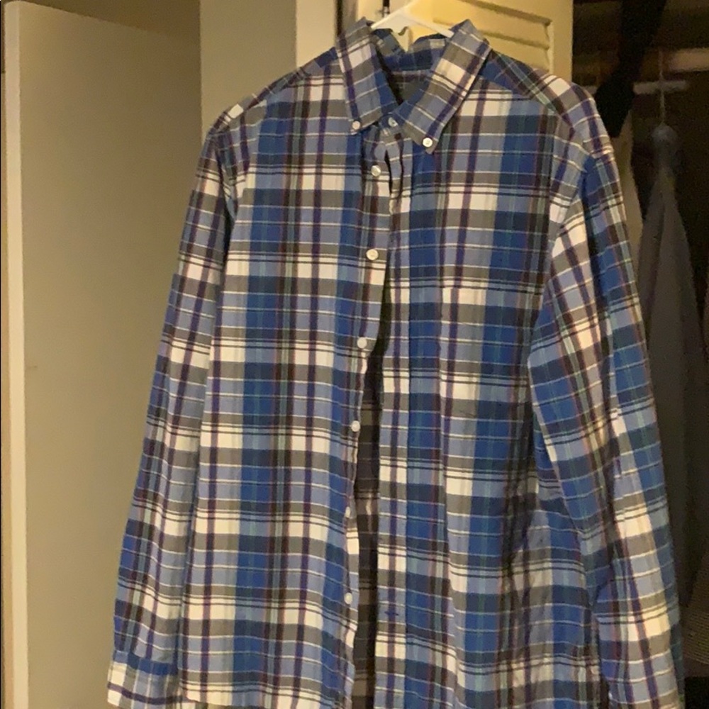 Blue plaid button down shirt